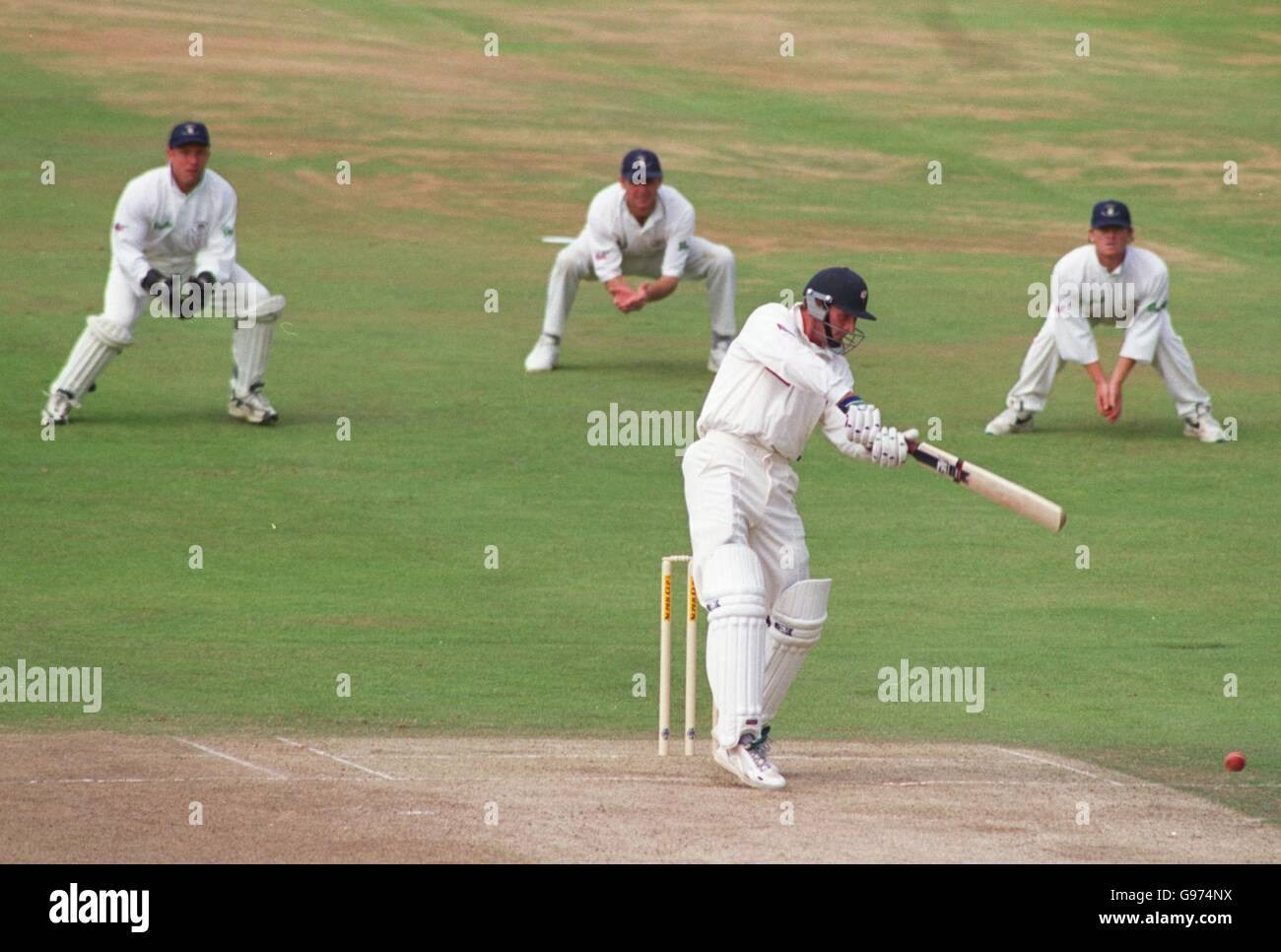 Yorkshire's captain David Byas on his way to a half-century under pressure from Hampshire Stock Photo