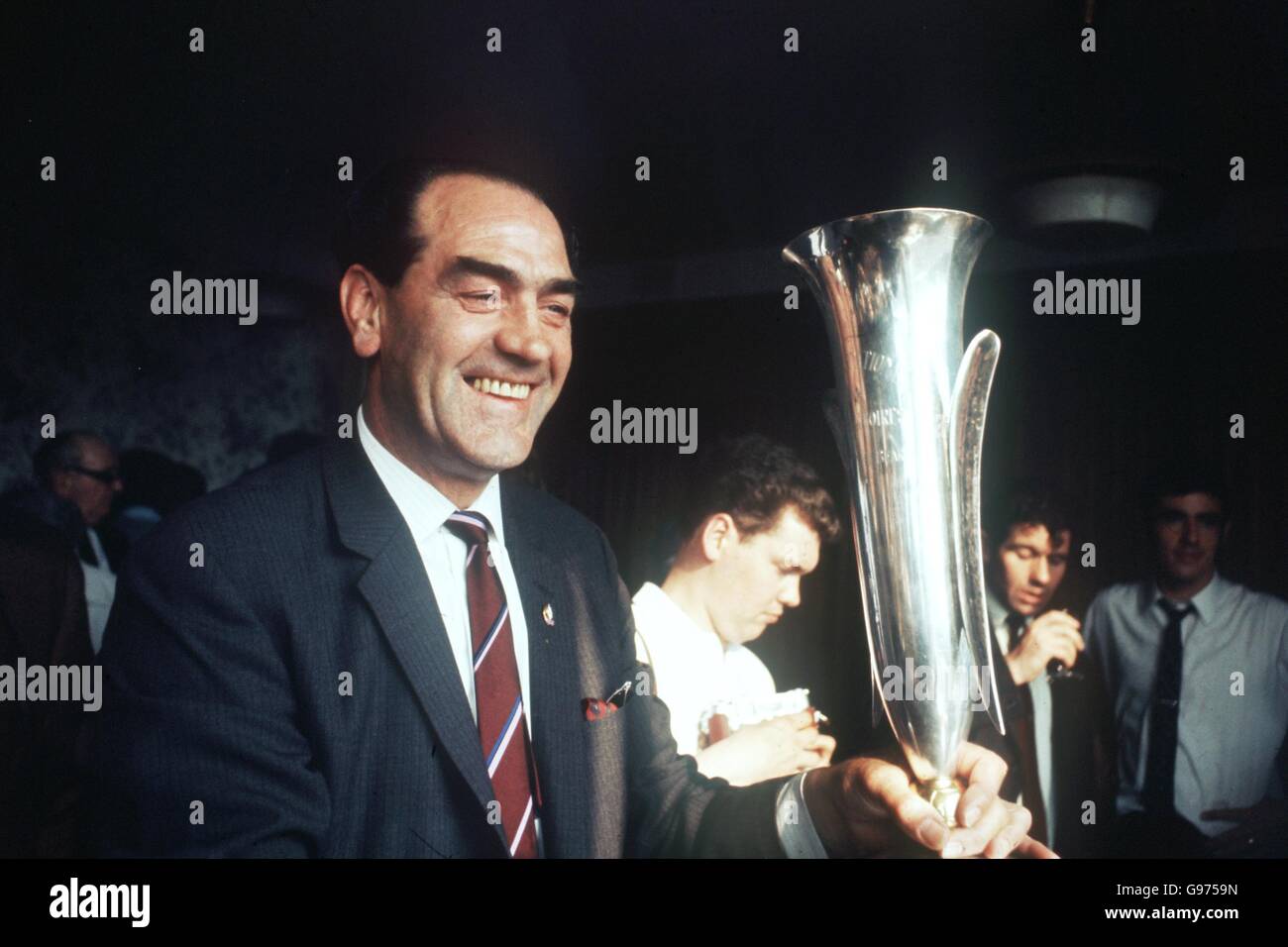 Newcastle United manager Joe Harvey with the Inter Cities Fairs Cup after his side beat Ujpest Dozsa Stock Photo