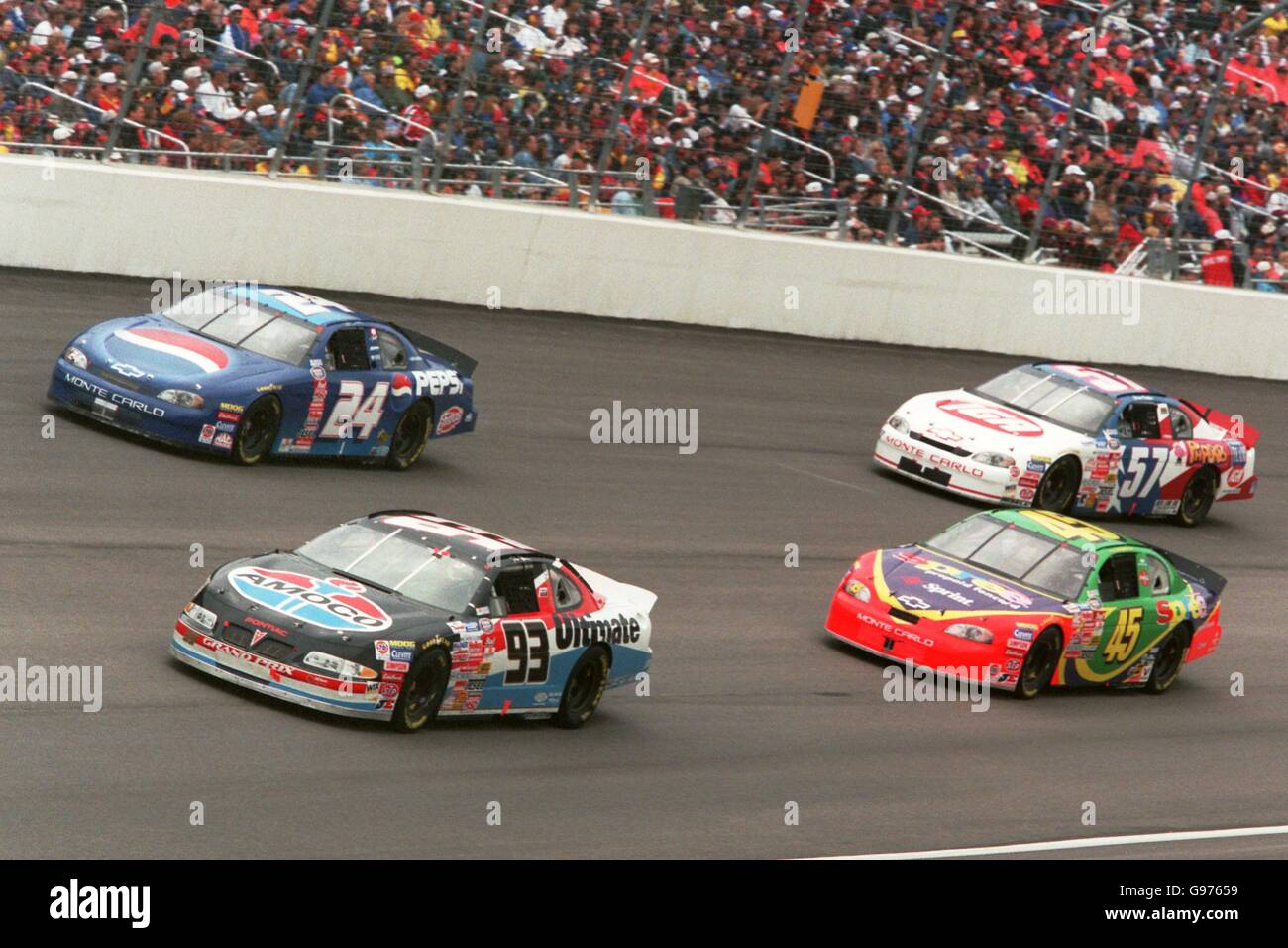 Dave Blaney (bottom left) leads from Jeff Burton (top left), Adam Petty (bottom right) and Jason Keller (top right) Stock Photo