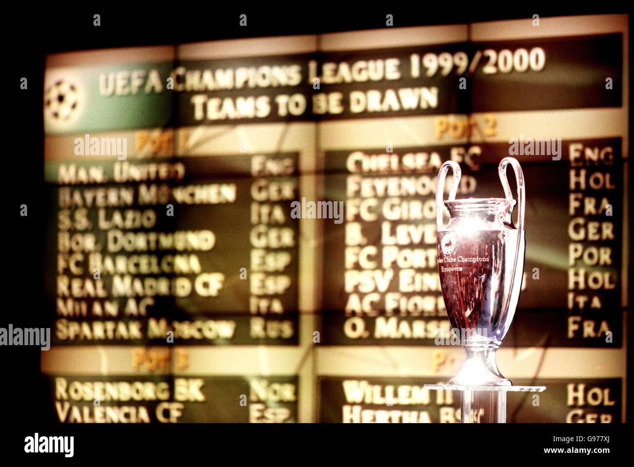The UEFA Champions League trophy stands in the Congress Centre in Monaco  with a backdrop of the participating teams on a TV screen during the UEFA Champions  League draw Stock Photo -