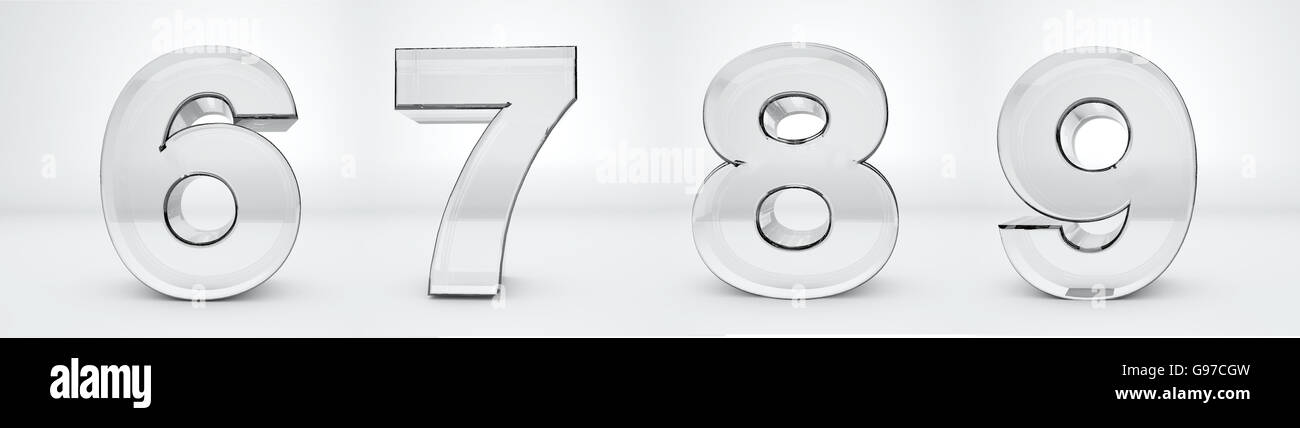 Transparent glass numbers 6, 7, 8, 9 3d rendering, Stock Photo