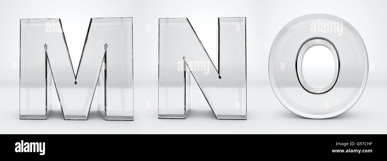 Transparent glass letters M, N, O, 3d rendering, Stock Photo