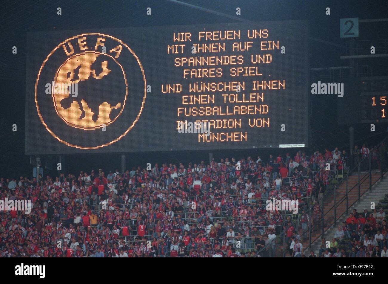 A message from UEFA on the Olympic Stadium scoreboard Stock Photo Alamy
