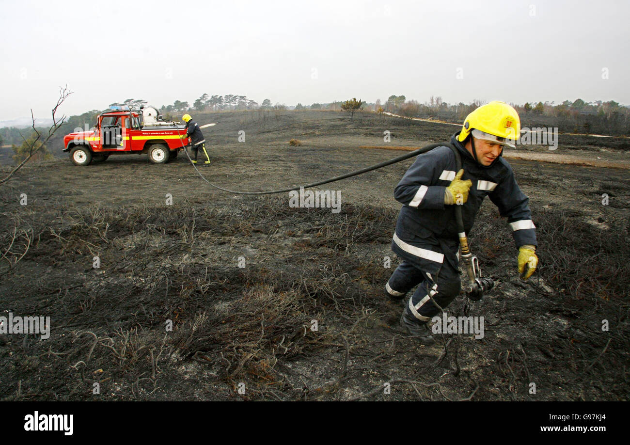 Dorset firefighter Matt Norman (with hose) and crew manager Nick Corben on Canford Heath in Poole Monday March 20, 2006, where they were damping down hotspots left after a wildfire destroyed a large area of the heath. Around 100 people evacuated from their homes have now been allowed to return. Twenty-five fire engines and 12 Land Rovers were involved in the battle last night to get the blaze under control. See PA story FIRE Heath. PRES ASSOCIATION Photo. Photo credit should read: Chris Ison / PA Stock Photo
