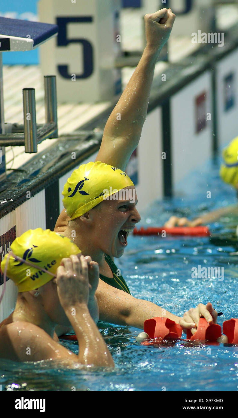 Australia's Leisel Jones celebrates winning gold in the Women's 100 metres Breaststroke Final at the Melbourne Sports and Aquatic Centre (MSAC), during the 18th Commonwealth Games in Melbourne, Australia, Monday March 20, 2006. See PA story COMMONWEALTH Swimming. PRESS ASSOCIATION Photo. Photo credit should read: Gareth Copley/PA. Stock Photo