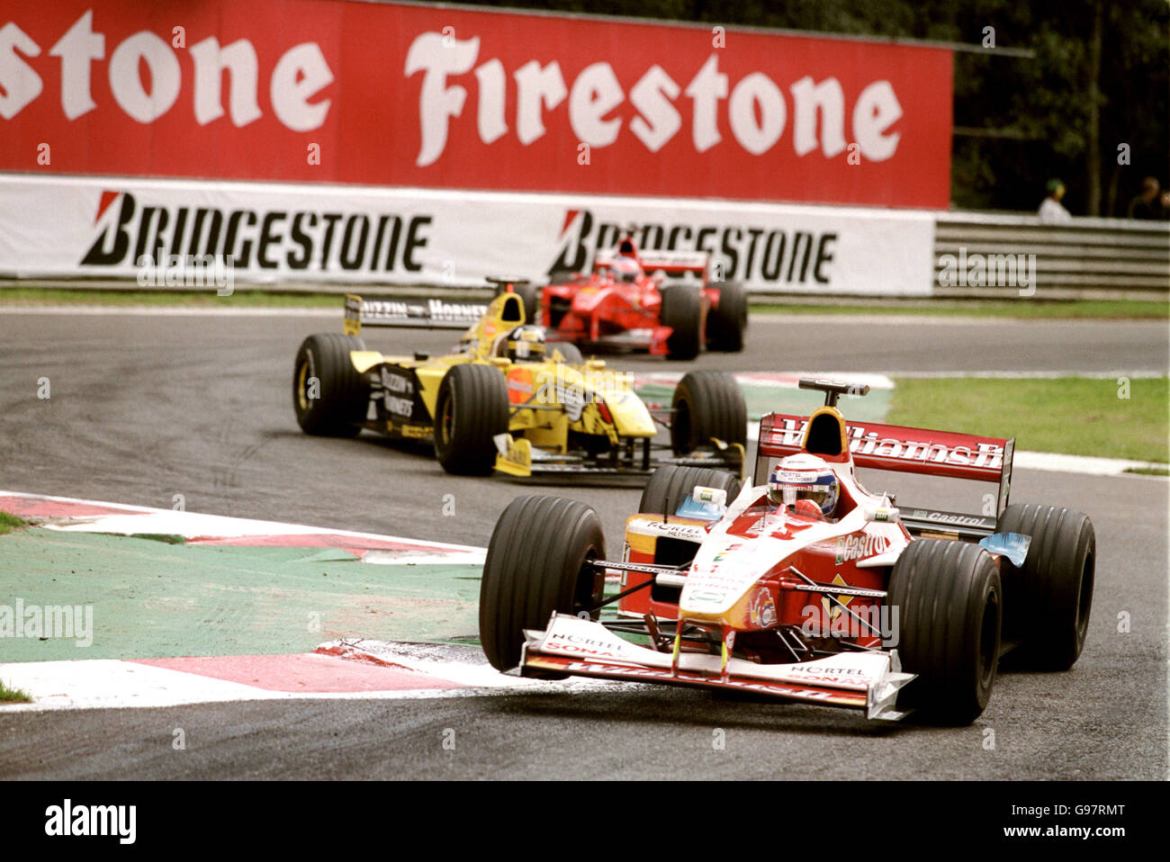 Formula One Motor Racing - Belgian Grand Prix. Alex Zanardi leads Damon Hill through the chicane Stock Photo