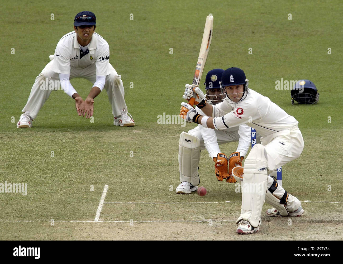 England's Geraint Jones hits the ball for four runs, during the third day of the second Test match against between India and England at the PCA Stadium, Mohali, India, Saturday March 11, 2006. PRESS ASSOCIATION Photo. Photo credit should read: Rebecca Naden/PA. Stock Photo