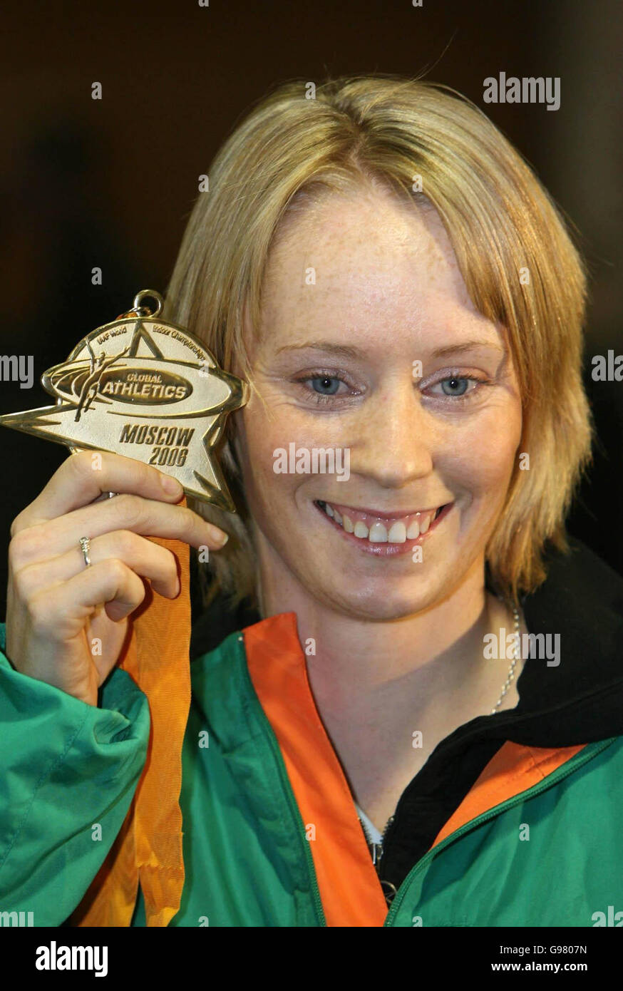 Gold Medal winning athlete Derval O'Rourke holds her medal at the arrival area of Dublin airport, Monday March 13, 2006, after the 24-year-old Leevale Athletics Club runner yesterday won the Women's 60 Metre Hurdles Final and set a new Irish record time for the event. See PA Story SPORT ORourke Ireland. PRESS ASSOCIATION Photo. Photo credit should read: Niall Carson/PA Stock Photo