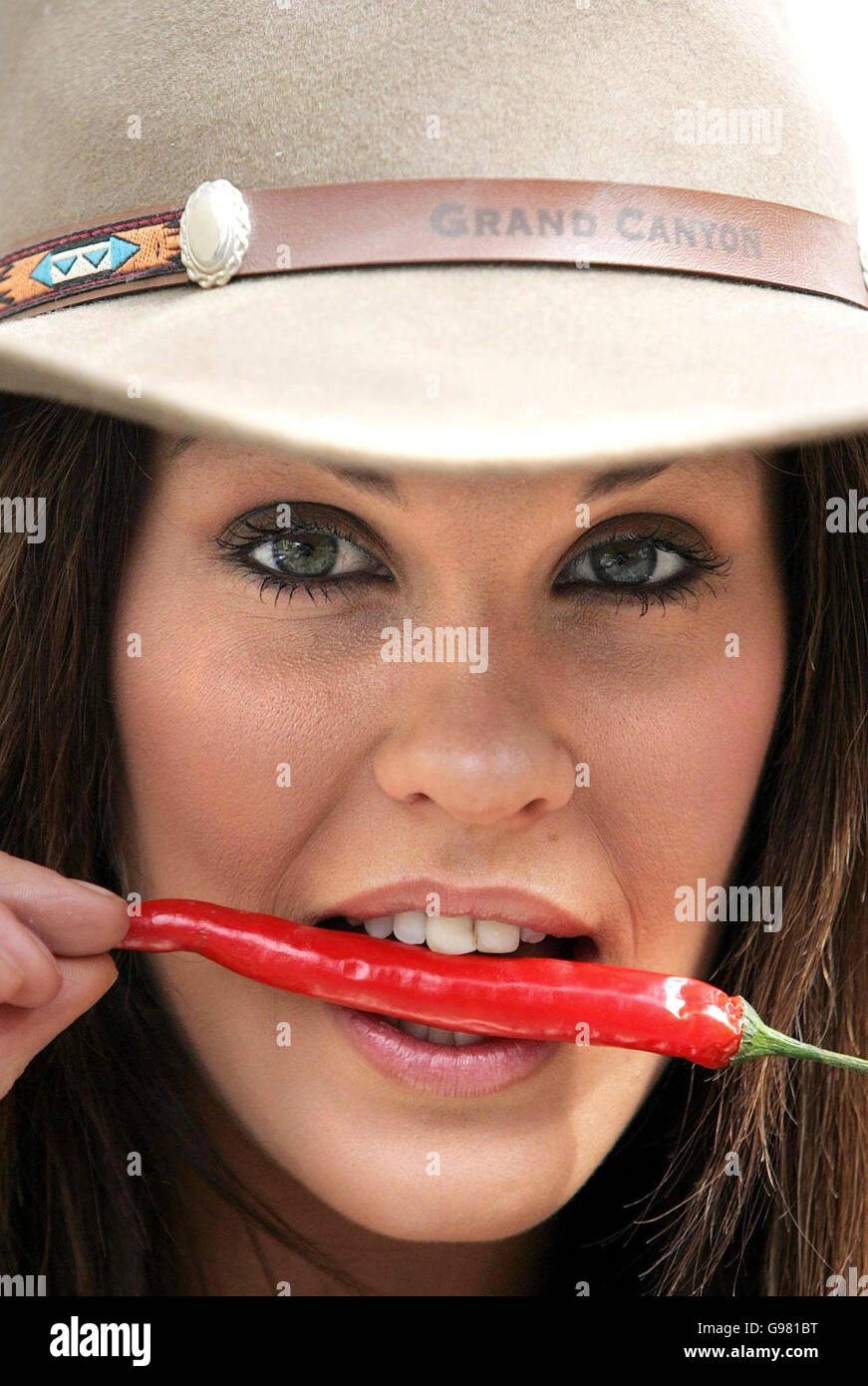 Library filer of Irish model Glenda Gilson posing with a chilli pepper. According to research published Wednesday March 15 2006, chilli peppers contain an ingredient which drives prostate cancer cells to kill themselves. See PA story HEALTH Pepper PRESS ASSOCIATION photo. Photo Credit should read: Cathal McNaughton/PA. Stock Photo