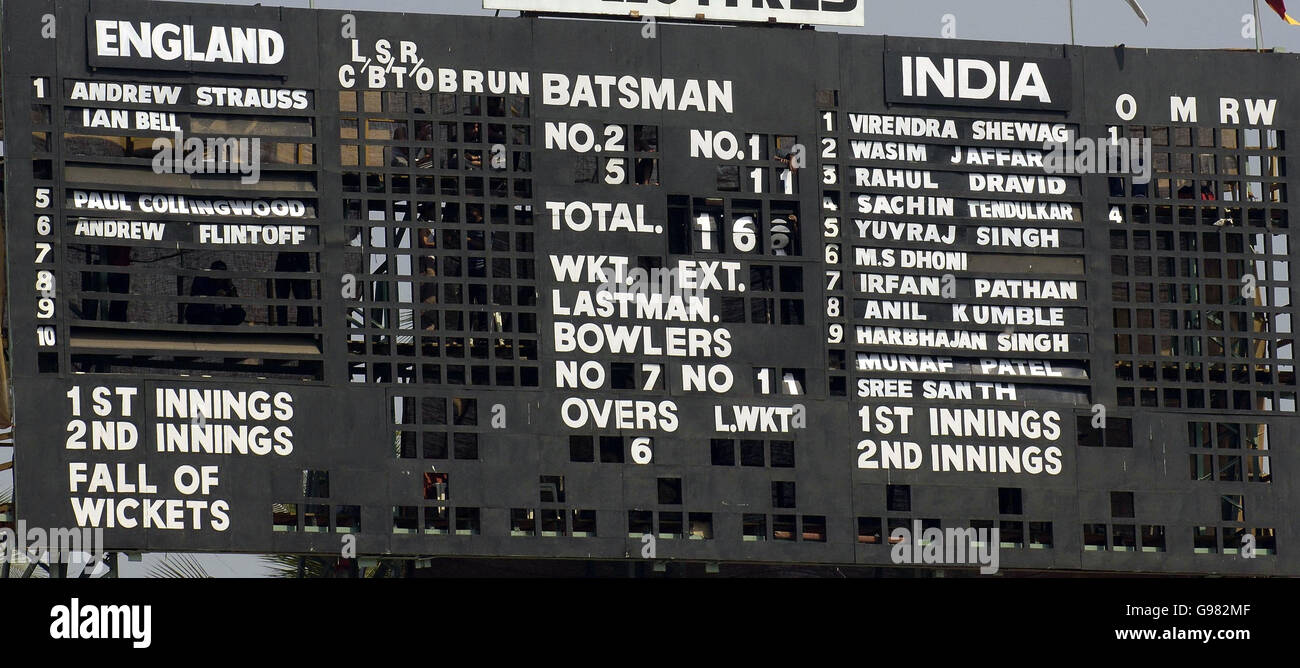 A giant scoreboard with names of England players missing during the first day of the third Test match against India at the Wankhede Stadium, Bombay, India, Saturday March 18, 2006. PRESS ASSOCIATION Photo. Photo credit should read: Rebecca Naden/PA. ***- NO MOBILE PHONE USE*** Stock Photo