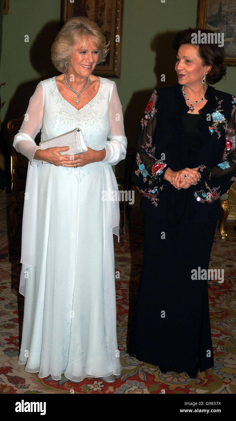 Camilla, the Duchess of Cornwall (L) with Suzanne Mubarak, wife of Egyptian President Hosni Mubarak, before the President's Dinner at the Presidential Palace in Cairo, Egypt, Tuesday March 21, 2006, during a five-day visit to Egypt. See PA story ROYAL Charles. PRESS ASSOCIATION Photo. Photo credit should read: John Stillwell/PA. Stock Photo
