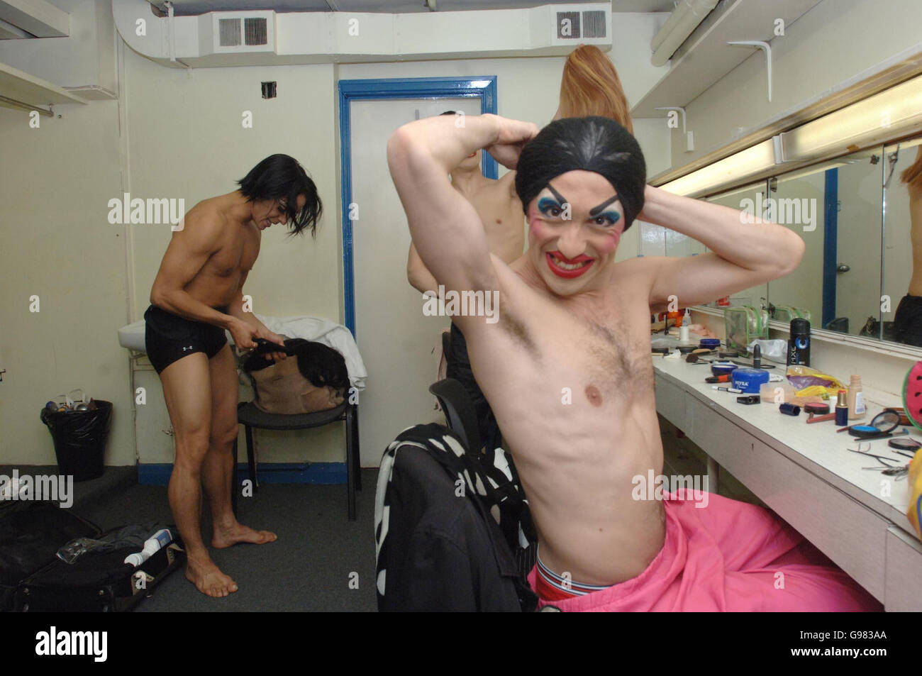 Lionel Droguet (AKA 'Irina Bakpakova/Vladimir Legupski') prepares for a dress rehearsal with 'Les Ballets Trockadero de Monte Carlo', an all-male ballet company from New York City who are performing their trademark parodies of classical ballets in London for the first time in five years, at the Peacock Theatre, central London, Tuesday 21 March 2006. PRESS ASSOCIATION Photo. Photo credit should read: Steve Parsons/PA Stock Photo