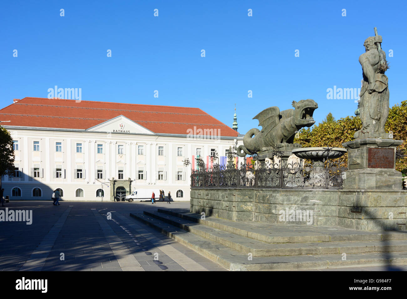 fountain Lindwurmbrunnen with Hercules on the new square in front of the town hall, Klagenfurt am Wörthersee, Austria, Kärnten, Stock Photo