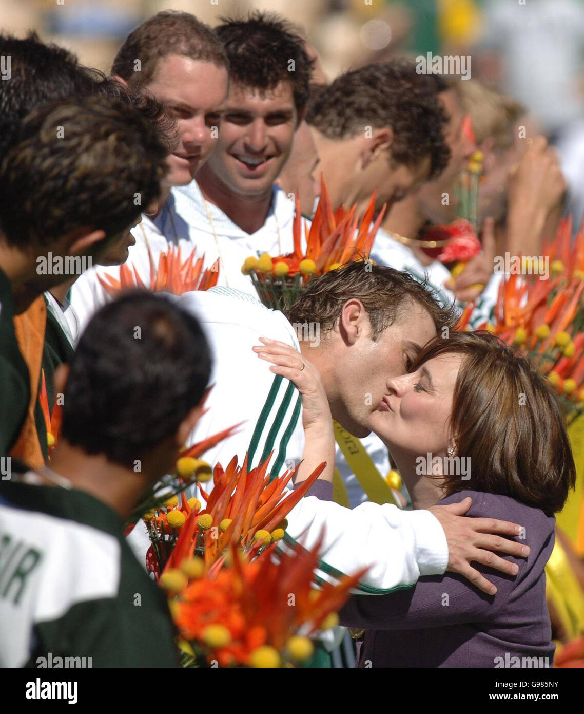 Prime Minister Tony Blair's wife Cherie presents the gold medals to the Australian hockey team who beat Pakistan 3 - 0 in the final at the Commonwealth Games in Melbourne Sunday 26 March 2006. PRESS ASSOCIATION Photo. Photo credit should read: Stefan Rousseau/PA Stock Photo