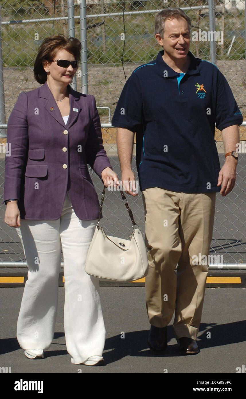 Prime Minister Tony Blair and his wife Cherie arrrive to meet members of the English team in the athletes village during their visit to the Commonwealth Games in Melbourne Sunday March 26 2006. PRESS ASSOCIATION Photo. Photo credit should read: Stefan Rousseau/PA Stock Photo