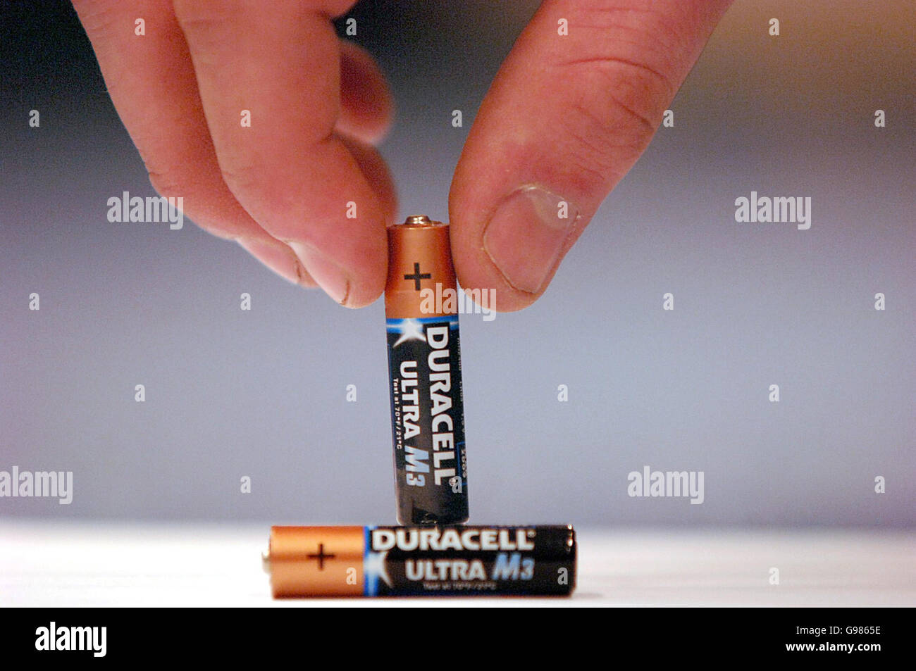 Two Duracell AAA batteries pictured after Duracell has been named the least ethical battery brand in a report released Thursday March 30, 2006. Ethical Consumer Magazine assessed 10 different companies according to their approaches to the environment, animals, people and other issues. It gave Duracell just 3.5 'ethi-score' points out of a potential 20. Battery brand Uniross came top with an ethi-score of 12 points. See PA Story CONSUMER Batteries. PRESS ASSOCIATION Photo. Photo credit should read: PA. Stock Photo