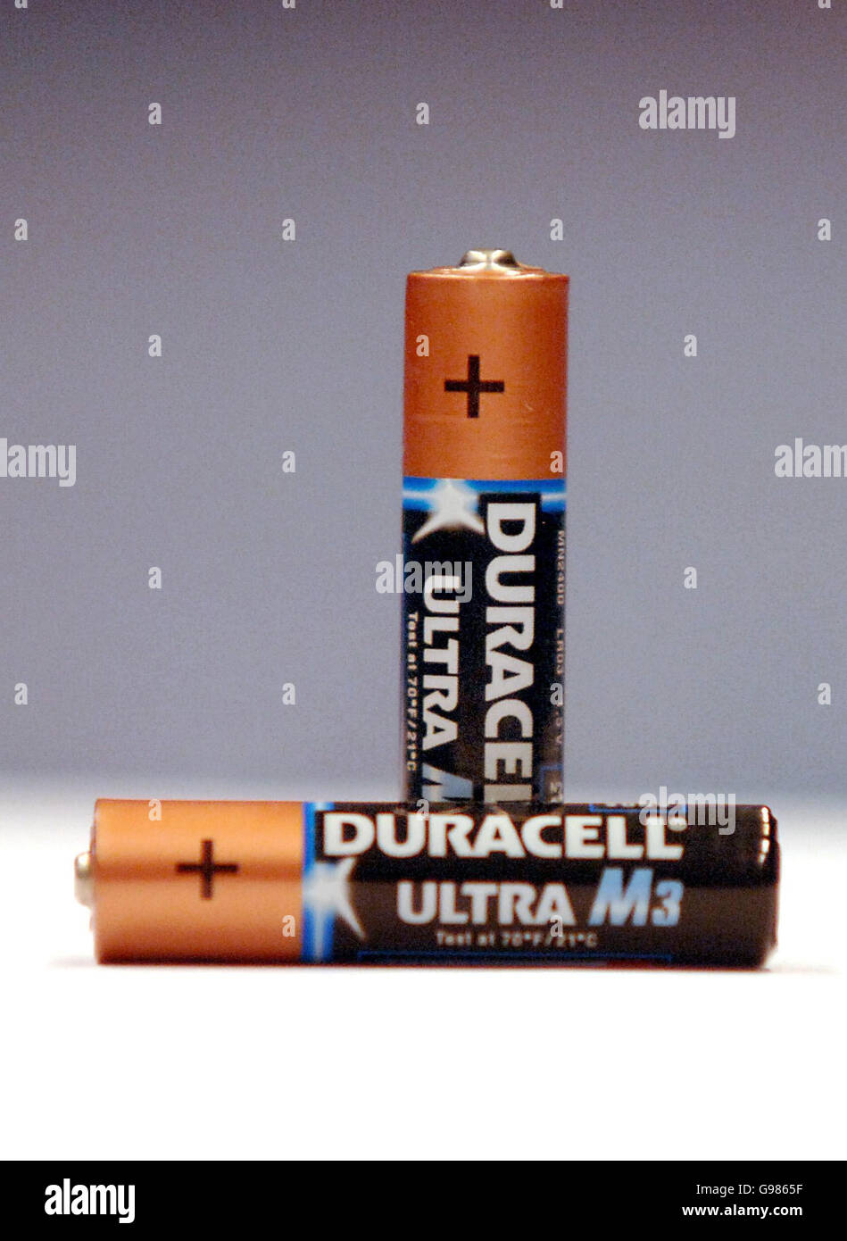 Two Duracell AAA batteries pictured after Duracell has been named the least ethical battery brand in a report released Thursday March 30, 2006. Ethical Consumer Magazine assessed 10 different companies according to their approaches to the environment, animals, people and other issues. It gave Duracell just 3.5 'ethi-score' points out of a potential 20. Battery brand Uniross came top with an ethi-score of 12 points. See PA Story CONSUMER Batteries. PRESS ASSOCIATION Photo. Photo credit should read: PA. Stock Photo