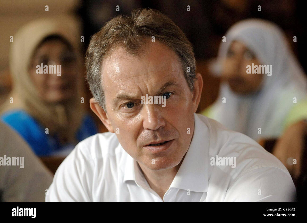 Britain's Prime Minister Tony Blair meets widows of the tsunami disaster and the civil war in Aceh province, Indonesia. Stock Photo