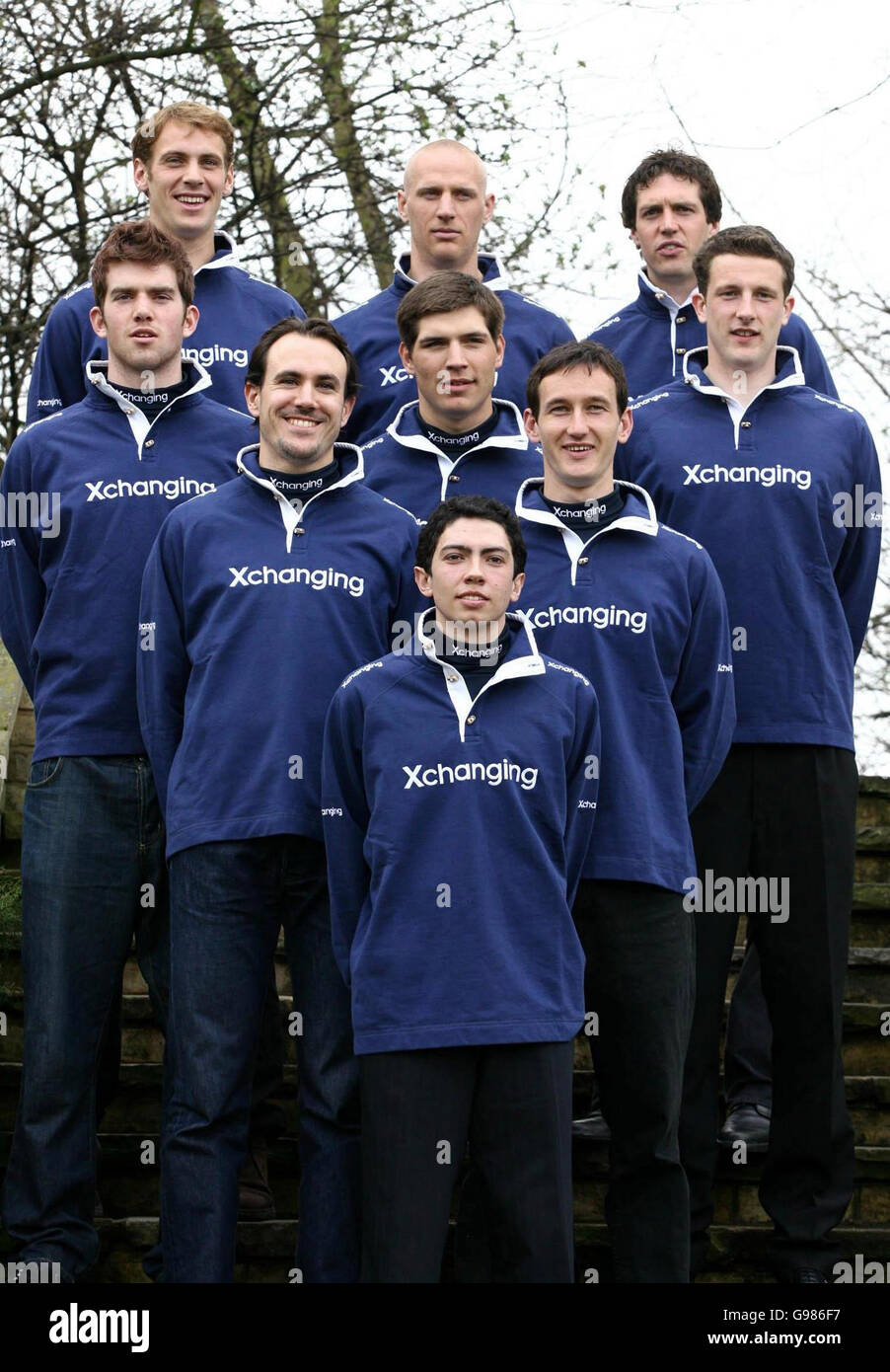 The Oxford crew poses for photographers following the weightin at The Hurlingham Club, London