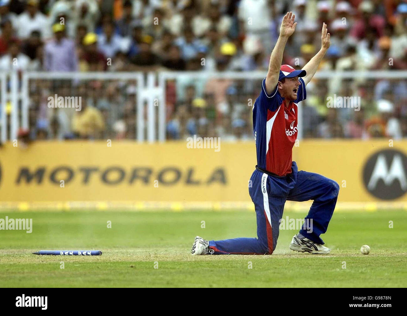 England's Paul Collingwood celebrates the run out of Indian captain