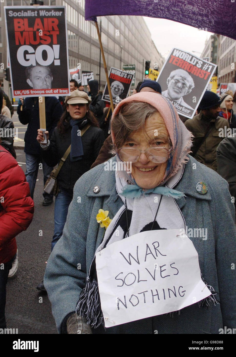 Anti-war protestors march to London's Trafalgar Square, Saturday March 18, 2006, for a rally to call for British troops to be pulled out of Iraq. Union leaders, MPs and anti-war activists addressed the rally following the march, which passed the Attorney General's office. See PA Story POLITICS Iraq. PRESS ASSOCIATION Photo. Photo credit should read: Stefan Rousseau/PA. Stock Photo