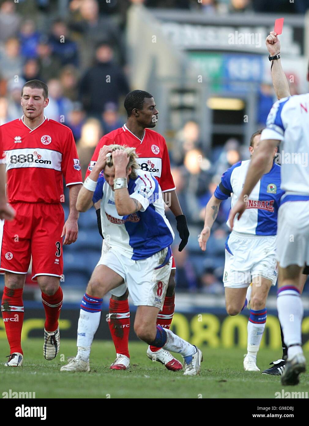 Soccer - FA Barclays Premiership - Blackburn Rovers v Middlesbrough - Ewood Park. Blackburn Rovers' Robbie Savage is dismissed for the first time in domestic competitions Stock Photo