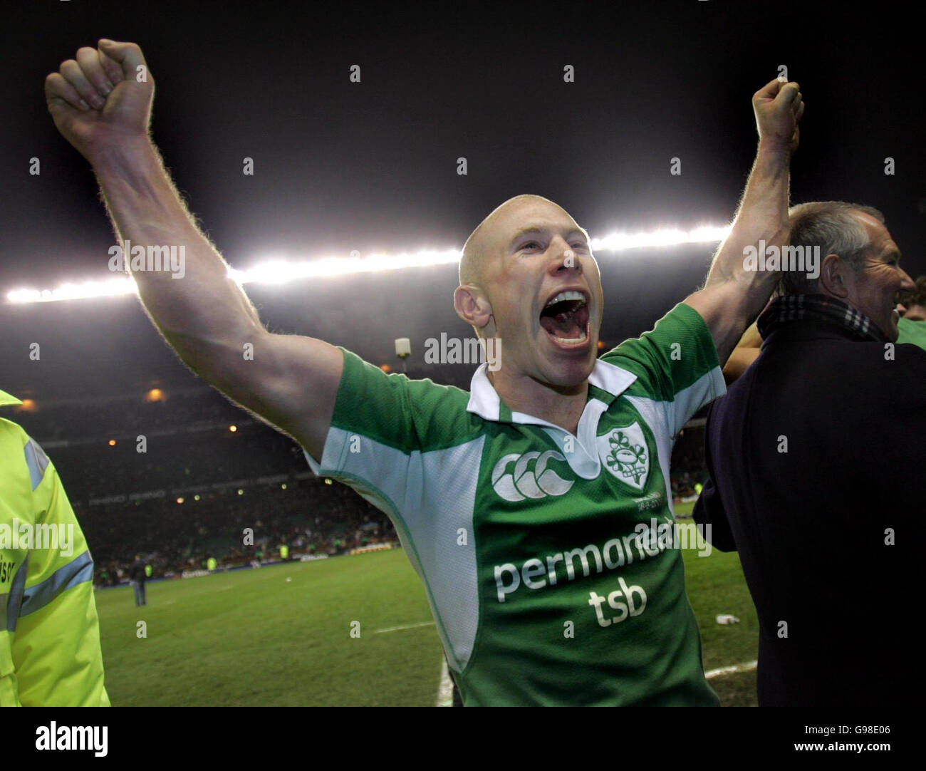 Ireland's Peter Stringer celebrates their 28-24 victory over England ...