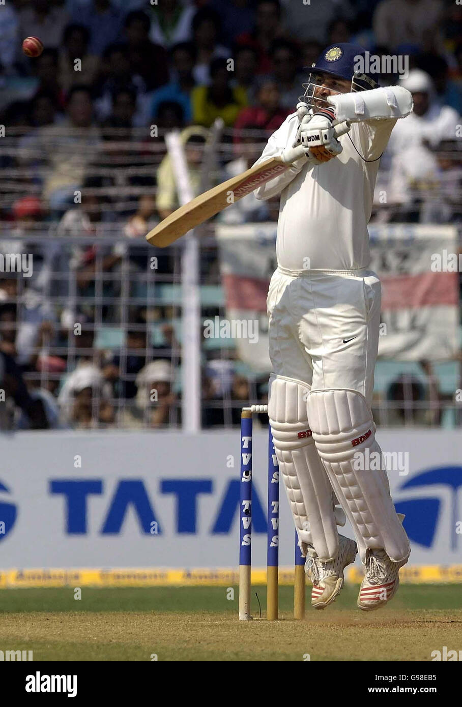 Indian batsman Virender Sehwag is dismissed by England bowler Matthew Hoggard during the second day of the third Test match at the Wankhede Stadium, Mumbai, India, Sunday March 19, 2006. PRESS ASSOCIATION Photo. Photo credit should read: Rebecca Naden/PA. ***- NO MOBILE PHONE USE*** Stock Photo