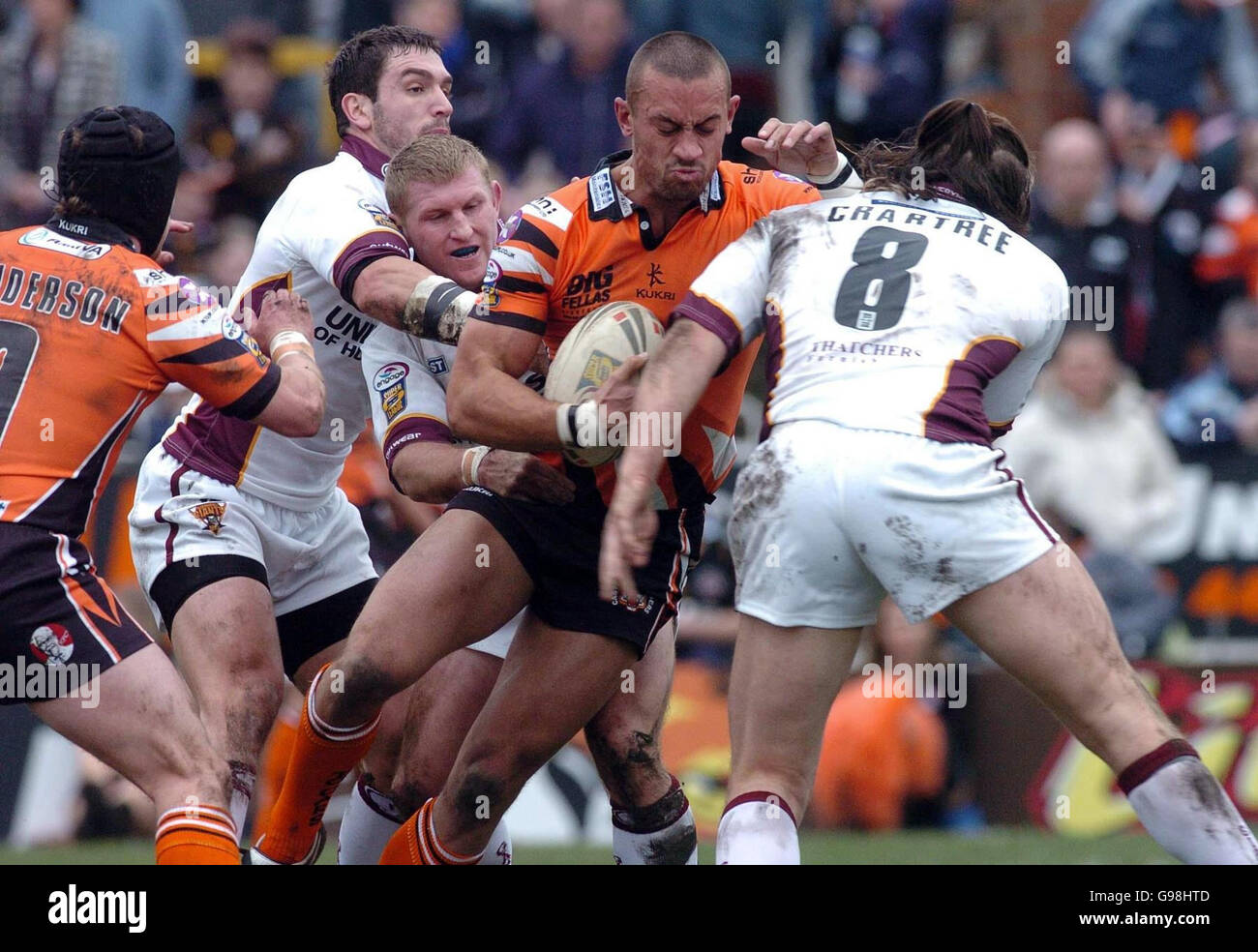Castleford Tigers' Matt Whittaker's charge is stopped by Huddersfield Giants' Eorl Crabtree during the Engage Super League match at The Jungle, Castleford, Sunday March 26, 2006. PRESS ASSOCIATION Photo. Photo credit should read: PA. **** Stock Photo