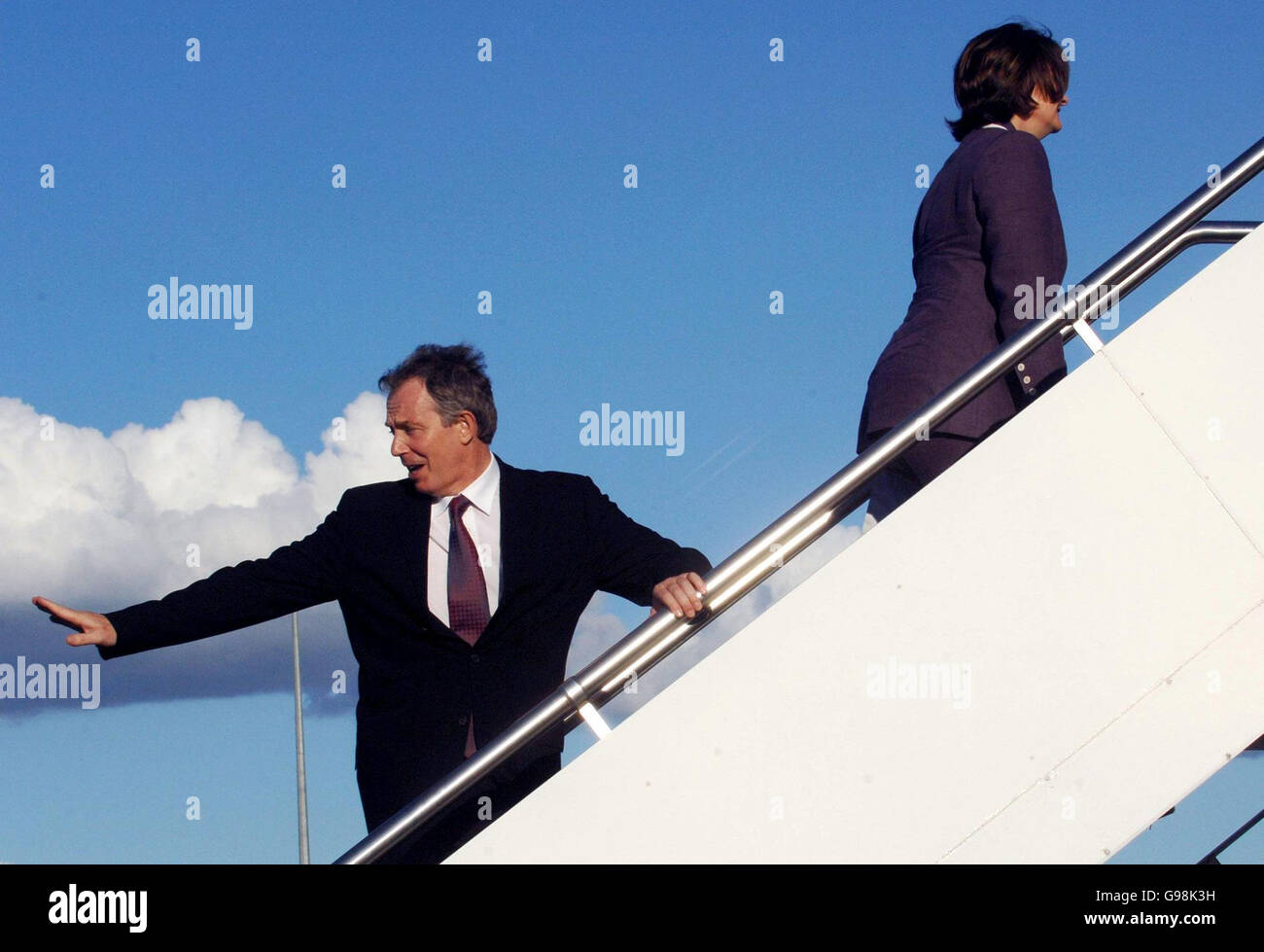 Britain's Prime Minister Tony Blair and wife Cherie leave New Zealand, his way to Indonesia for the last leg of his marathon diplomatic mission. His trip to Jakarta follows earlier talks with New Zealand Premier Helen Clark in Auckland. Stock Photo