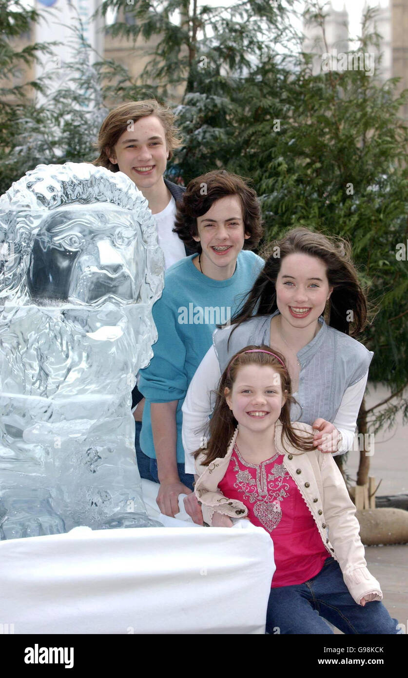 The 'Pevensie children' from 'The Chronicles of Narnia', (Top-Bottom) William Moseley, Skandar Keynes, Anna Popplewell and Georgie Henley, stand alongside a life-size 70 stone ice sculpture of 'Aslan' at a photocall to mark Disney's April 3rd DVD release of the movie, at the Ballroom, County Hall, south London, Wednesday 29 March 2006. PRESS ASSOCIATION Photo. Photo credit should read: Anthony Harvey/PA Stock Photo