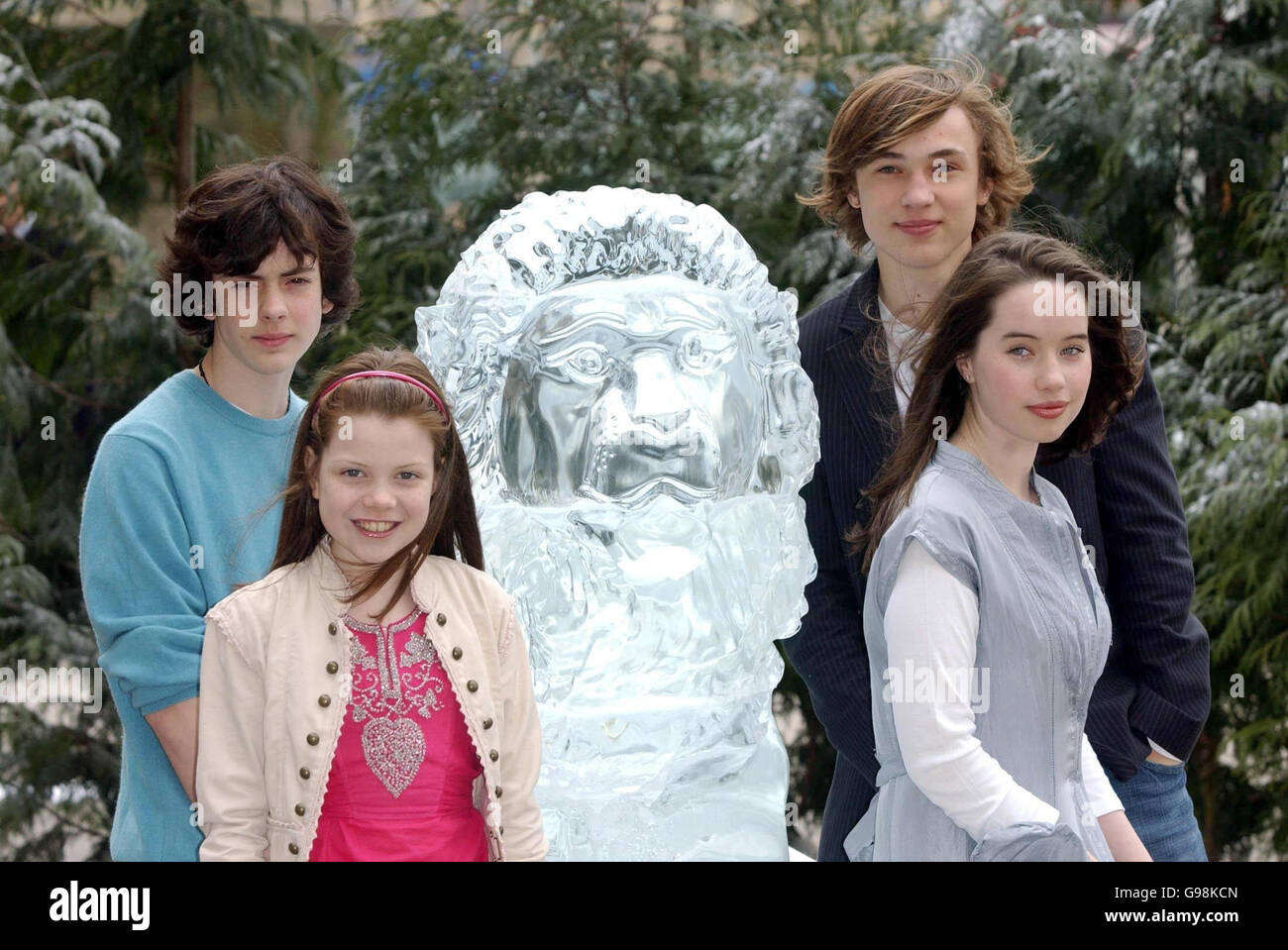 The 'Pevensie children' from 'The Chronicles of Narnia', (L-R) Skandar Keynes, Georgie Henley, William Moseley and Anna Popplewell, stand alongside a life-size 70 stone ice sculpture of 'Aslan' at a photocall to mark Disney's April 3rd DVD release of the movie, at the Ballroom, County Hall, south London, Wednesday 29 March 2006. PRESS ASSOCIATION Photo. Photo credit should read: Anthony Harvey/PA Stock Photo
