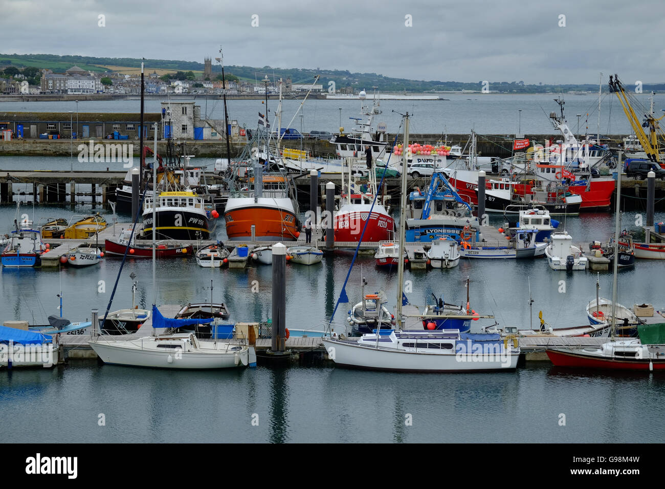 Newlyn harbour and fishing fleet, Cornwall UK Stock Photo