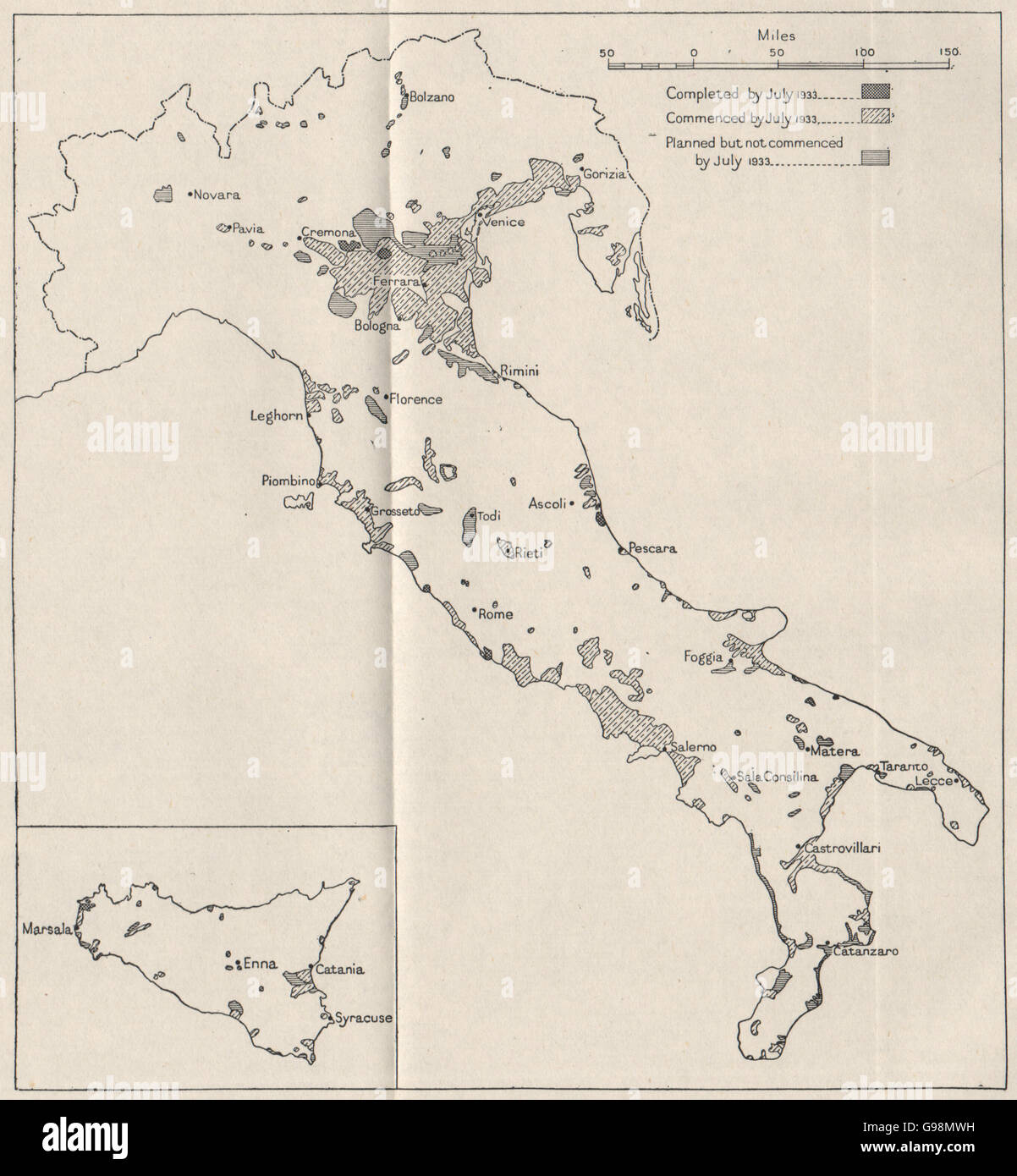 ITALY: Land reclamation schemes, 1933. WW2 ROYAL NAVY INTELLIGENCE MAP, 1945 Stock Photo