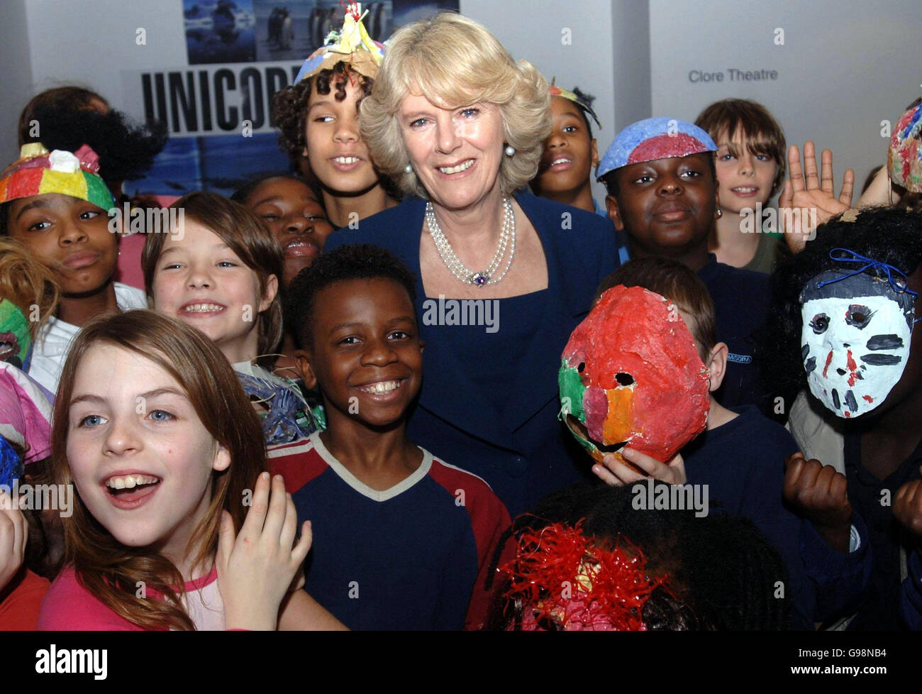The Duchess of Cornwall with the cast of Hackney To The Favela at the Unicorn Theatre in south London, Thursday March 9, 2006. The Unicorn, of which Camilla is patron, was founded in 1947. Tonight Camilla will join the Prince of Wales to attend a performance of a cello concerto composed in memory of the Queen Mother at the Queen Elizabeth Hall in central London. See PA Story ROYAL Charles. PRESS ASSOCIATION photo. Photo should read: Stefan Rousseau/PA/WPA Rota. Stock Photo