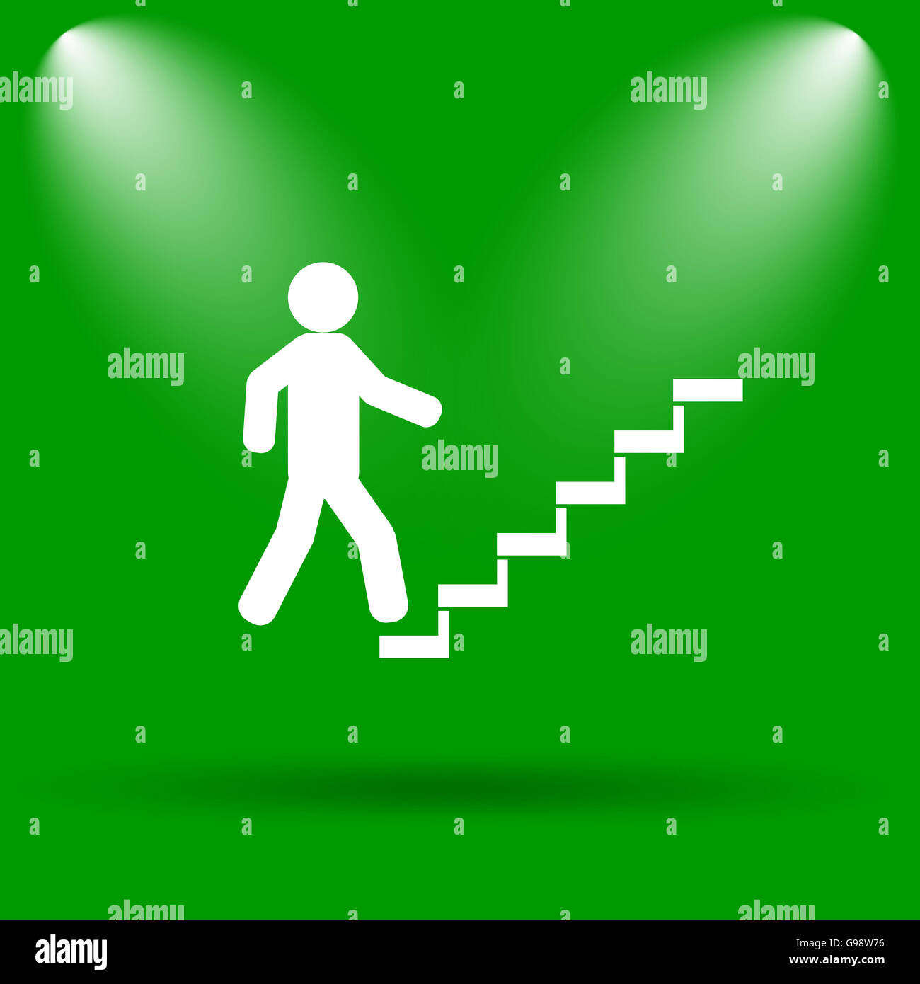 Businessman on stairs - success icon. Internet button on green background. Stock Photo