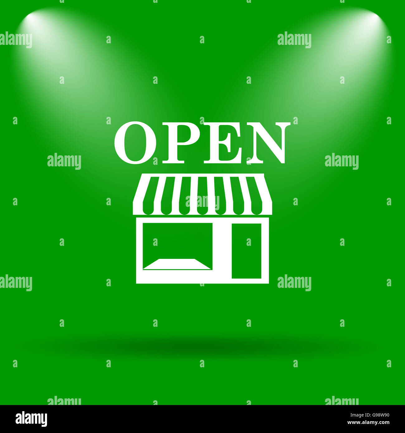 Open store icon. Internet button on green background Stock Photo - Alamy