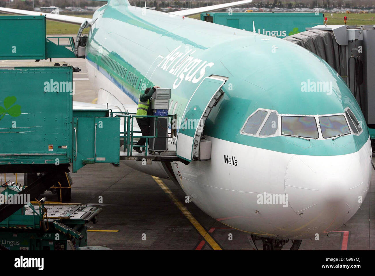 The first Aer Lingus flight to Dudai is loaded at Dublin Airport, Tuesday 28 March 2006 as Aer Lingus made history today with its first long-haul eastern flight to Dubai. Launching the new thrice-weekly service, Transport Minister Martin Cullen said it marked a new era in the state airline's growth and development as it embraces privatisation. Dubai is the first eastern-bound and non-US long-haul route in the history of Aer Lingus, which aims to carry 70,000 passengers on the seven-hour flight over the next 12 months. See PA Story AIR Dubai. PRESS ASSOCIATION Photo. Photo credit should read: Stock Photo