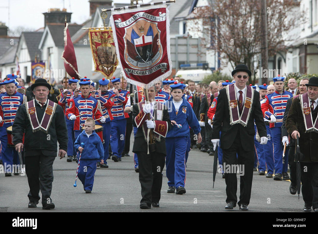 Proestant Apprentice boys March through the streets of Ballymena for the first time in ten years. Stock Photo