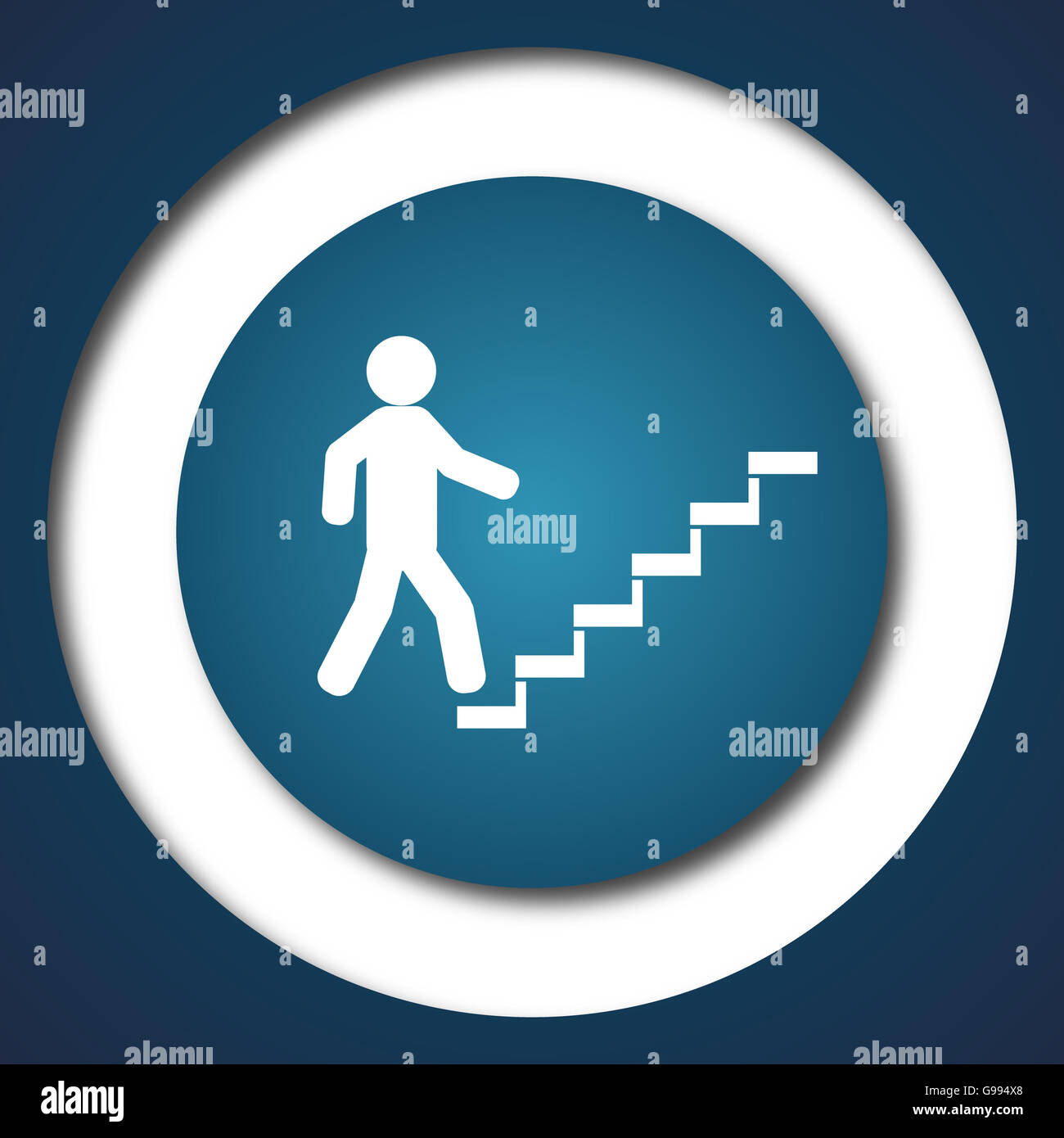 Businessman on stairs - success icon. Internet button on white background. Stock Photo