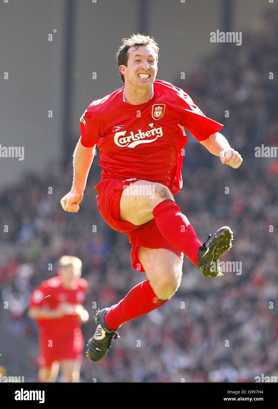 Soccer - FA Barclays Premiership - Liverpool v Bolton Wanderers - Anfield. Liverpool's Robbie Fowler celebrates his goal. Stock Photo