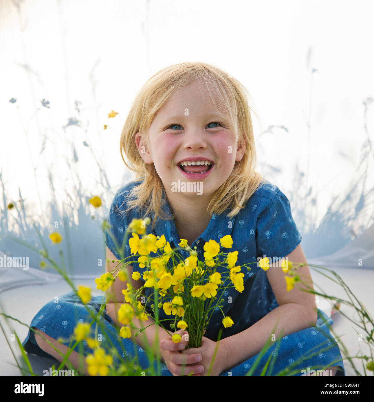 A young girl holding a bunch of buttercups Stock Photo