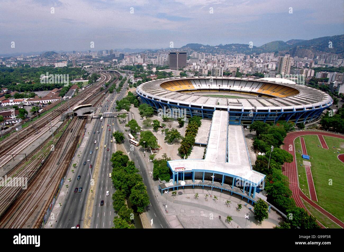 Brazilian Soccer - Aerial Views of Rio de Janeiro. The Maracana Stadium, linked by rail and road Stock Photo
