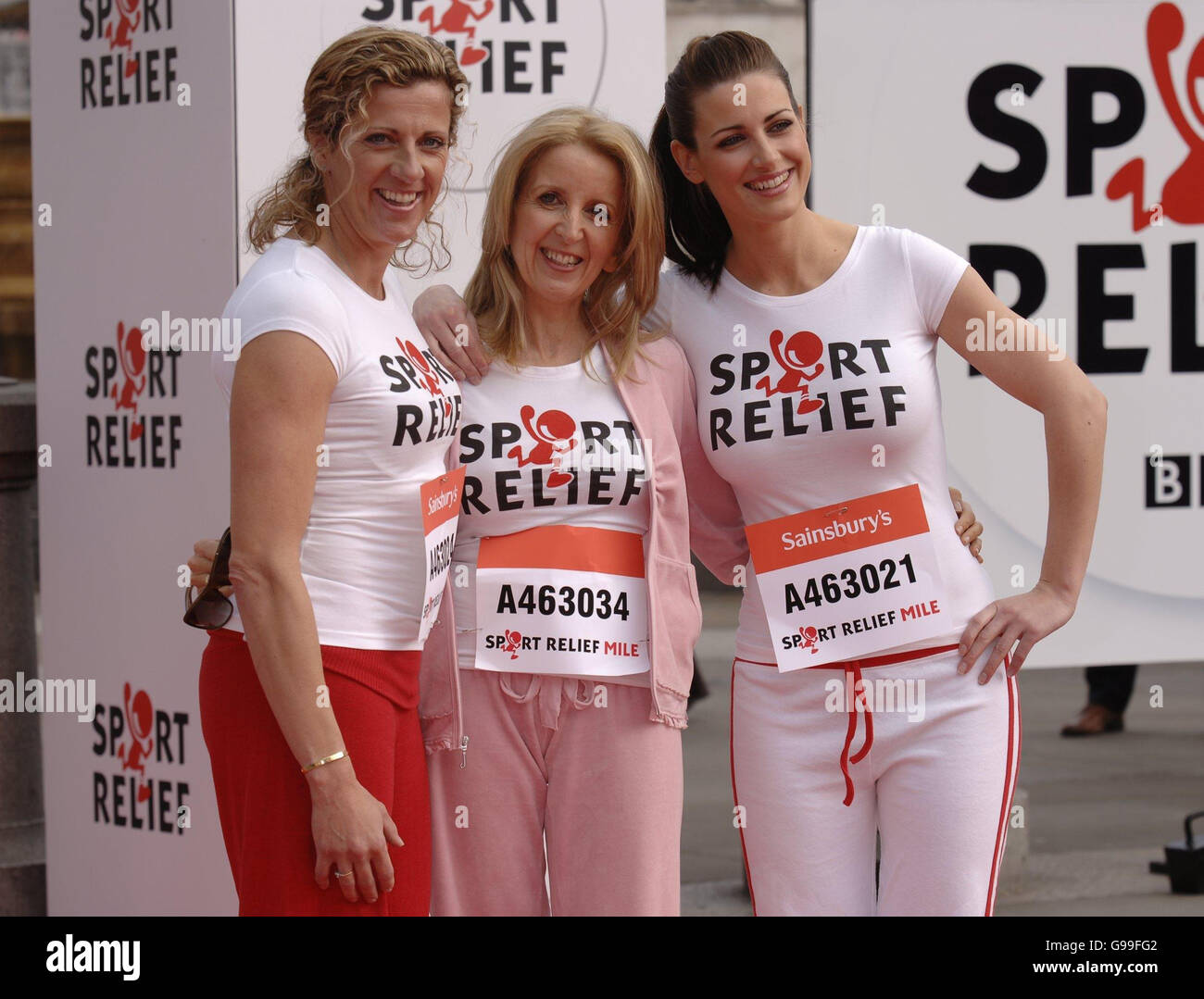 (Left to Right) Sally Gunnell, Dr Gillian McKeith and Kirsty Gallacher attend the launch of Sport Relief, a BBC fund raising event which originated from Comic Relief, at Trafalgar Square, central London. Stock Photo