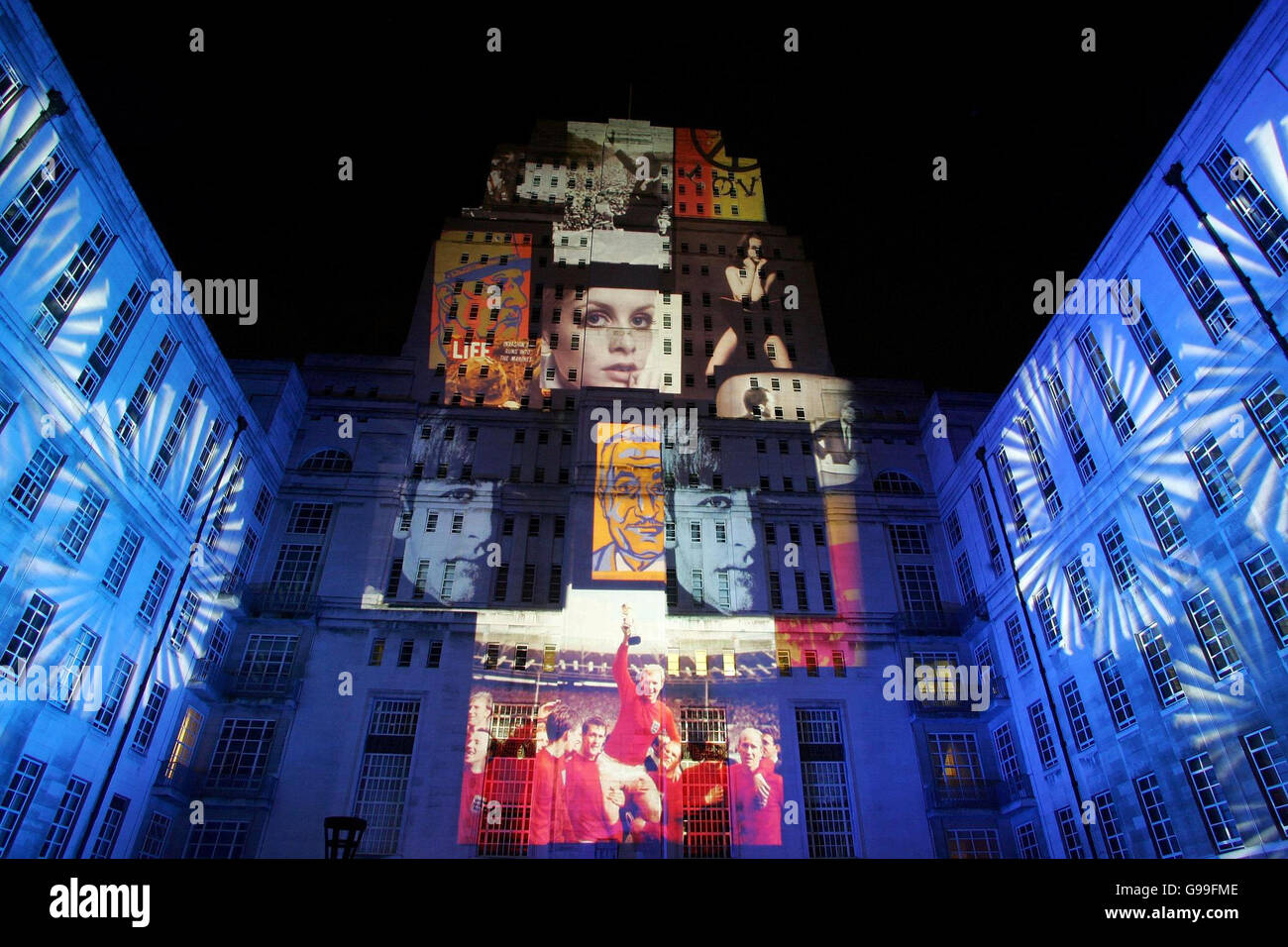 A spectacular light and sound show is projected on to Senate House, central London, to mark 'Britain's Biggest Soundcheck' for the RNID (the charity for the deaf and hard of hearing). PRESS ASSOCIATION Photo. Picture date: Tuesday 2 May 2006. The RNID is urging thousands of people across the country to call a specially developed telephone hearing check. PRESS ASSOCIATION Photo. Picture credit should read: Geoff Caddick /PA Stock Photo