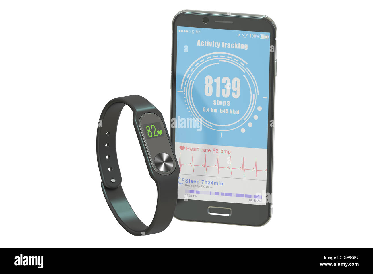 activity tracker or fitness bracelet with smartphone, 3D rendering isolated on white background Stock Photo