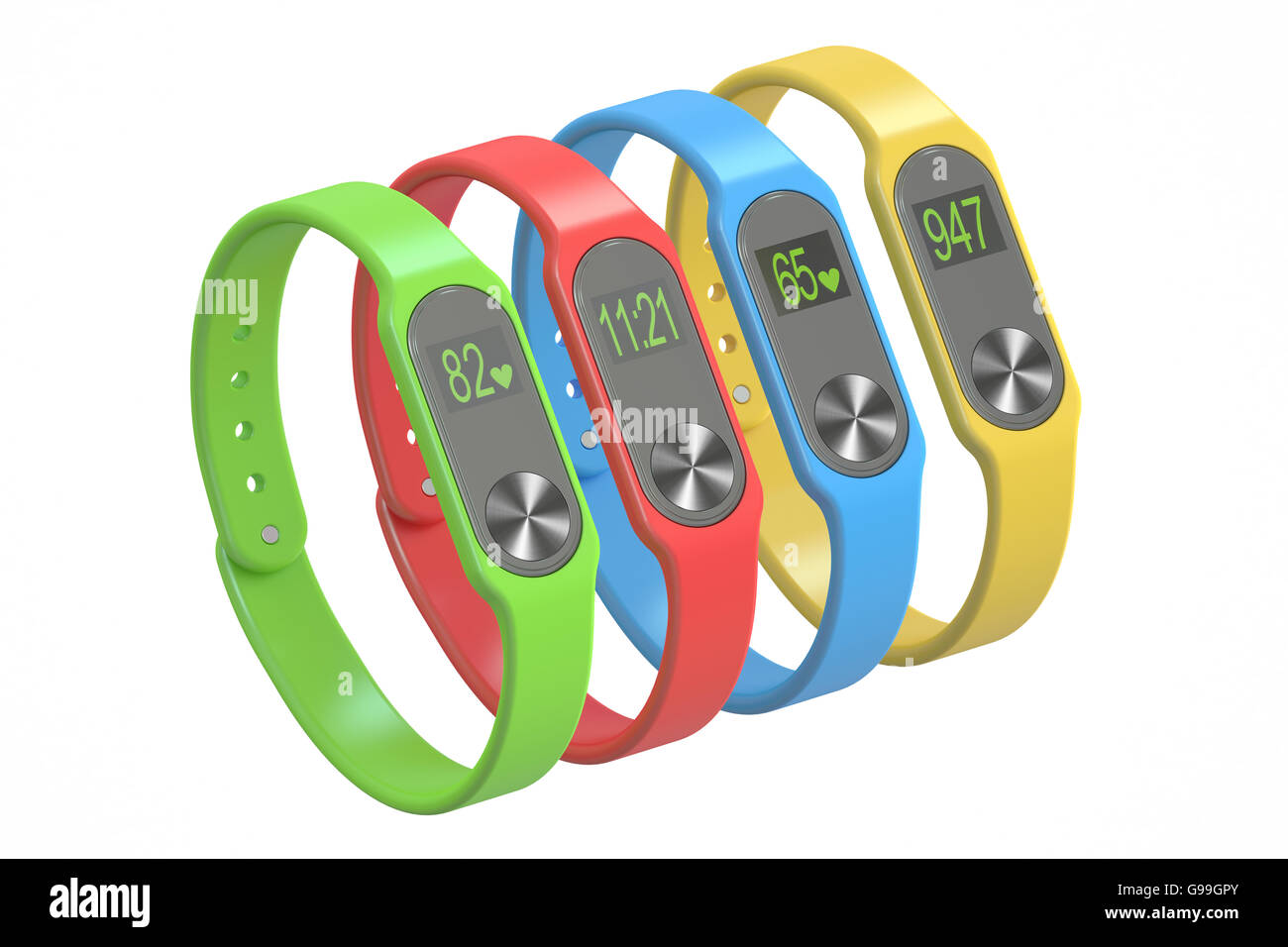 set of activity trackers or fitness bracelets, 3D rendering isolated on white background Stock Photo