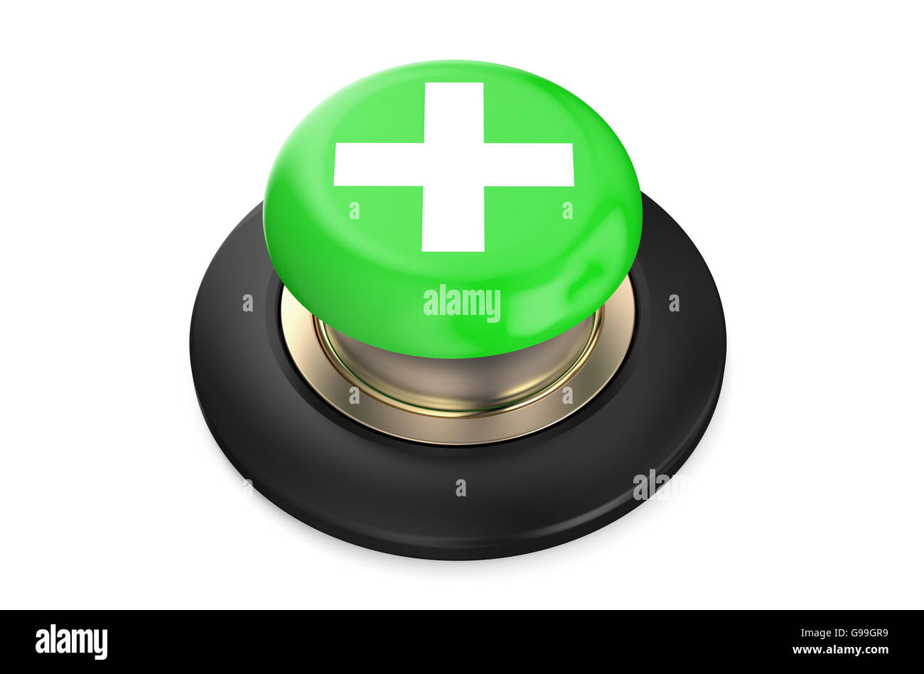 plus or cross green push button, 3D rendering isolated on white background Stock Photo