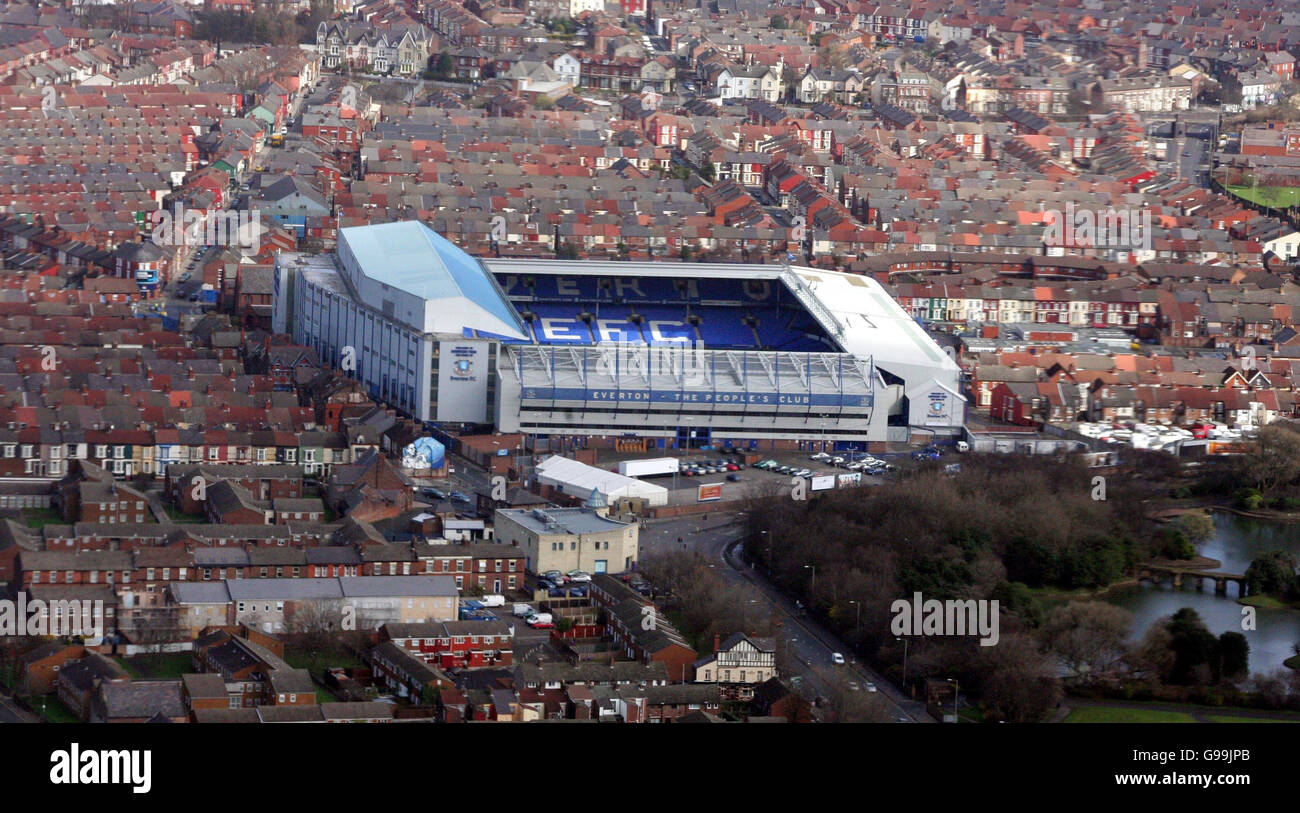Goodison Park. Aerial view of Goodison Park home of Everton Football Club. Stock Photo