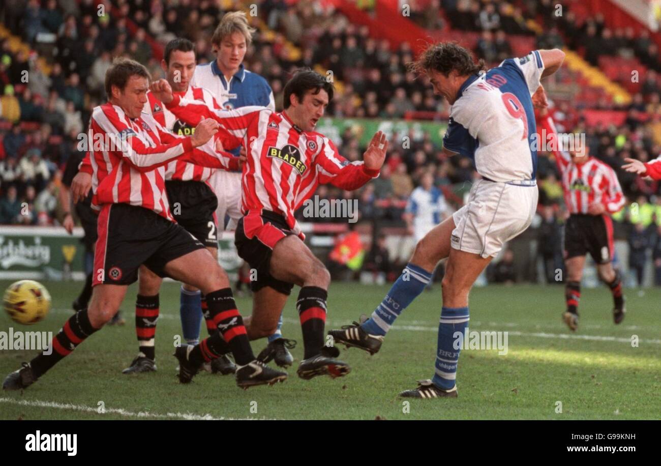 Sheffield United's defence fails to close down Blackburn Rovers' Ashley Ward as he scores the first goal Stock Photo